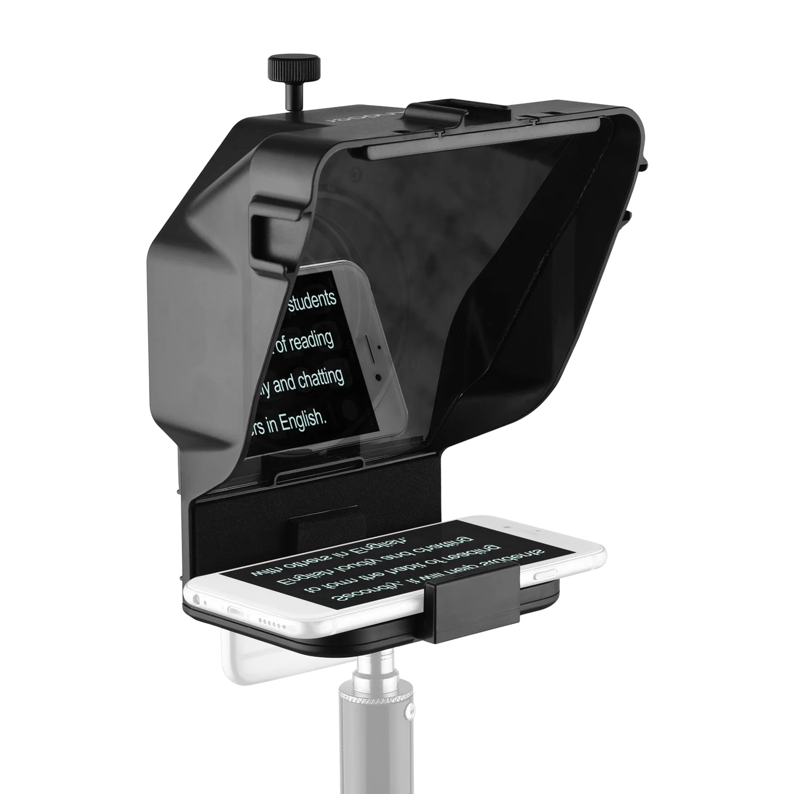 Facilite suas gravações com o Teleprompter Portátil para Smartphone. Ideal para vídeos, transmissões ao vivo e entrevistas, ele inclui suporte ajustável, controle remoto Bluetooth e espelho de alta qualidade para uma experiência profissional.
